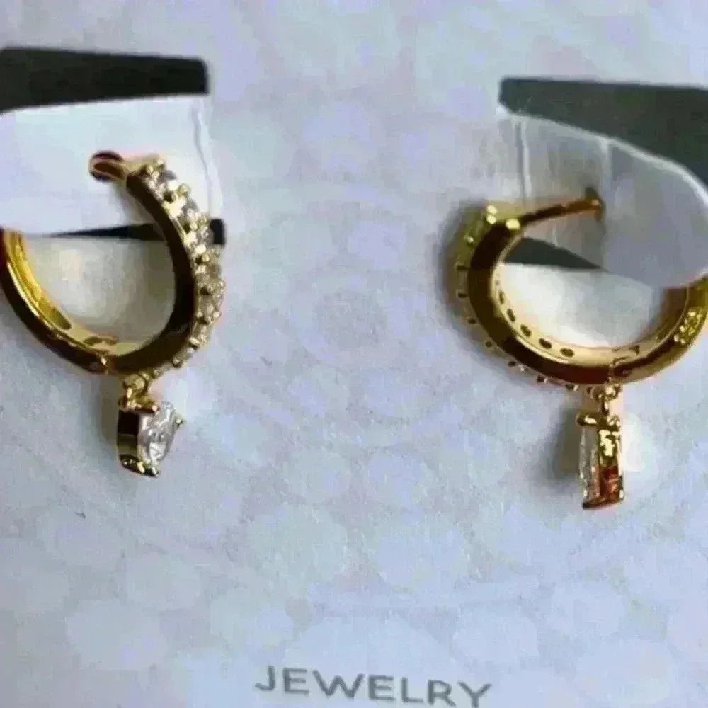 18K Gold Tear Drop Crystal Huggie Hoop Earrings - Picture 3 of 5